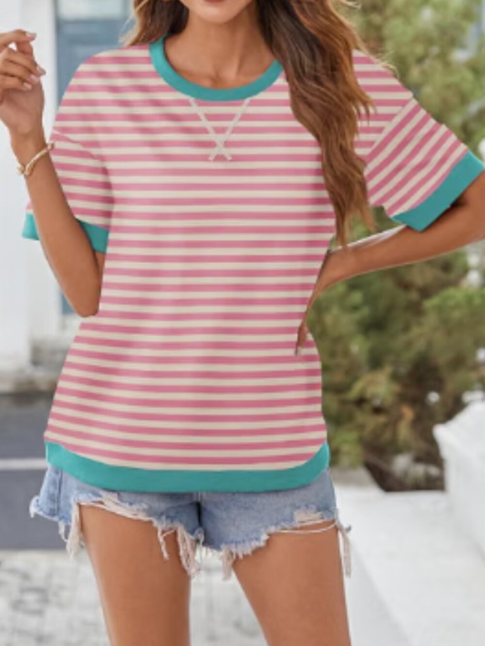 NWT Pink & White Stripe w/ Turquoise Trim Oversized Short Sleeve Crewneck Tee XL